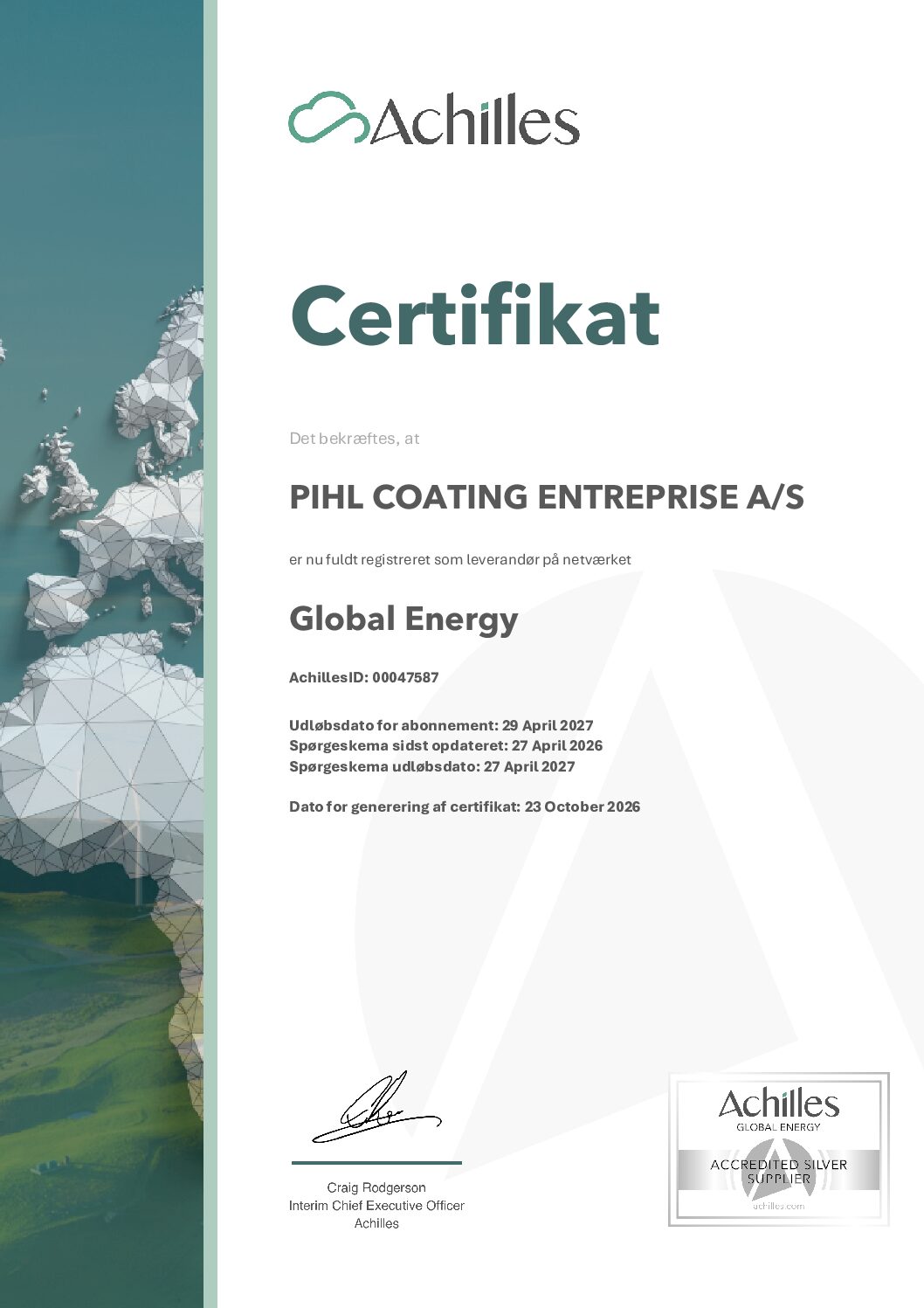 Achilles Global Energy Silver certifikat
